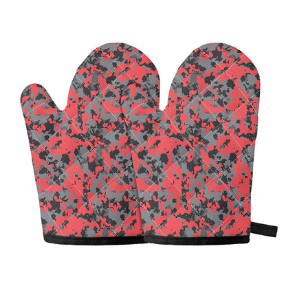 Red And Grey Digital Camo Pattern Print Oven Mitts