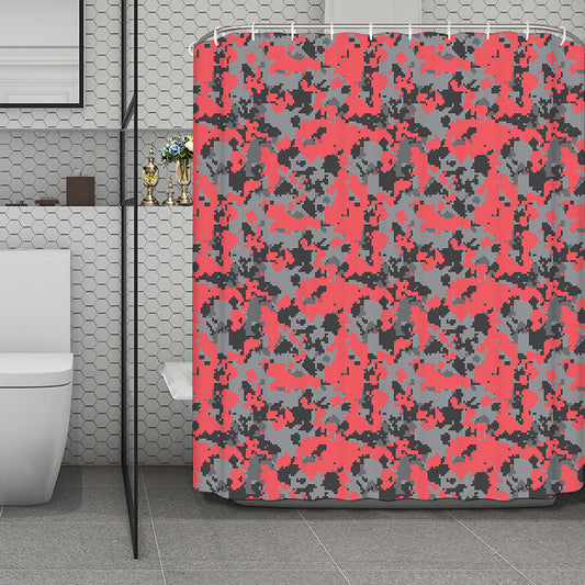 Red And Grey Digital Camo Pattern Print Polyester Shower Curtain