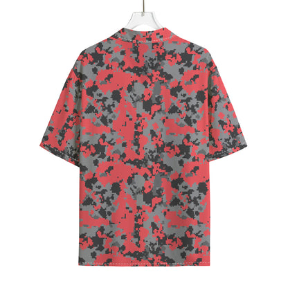 Red And Grey Digital Camo Pattern Print Rayon Hawaiian Shirt