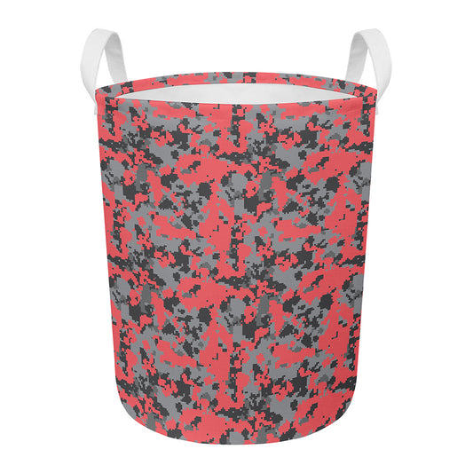 Red And Grey Digital Camo Pattern Print Round Laundry Basket