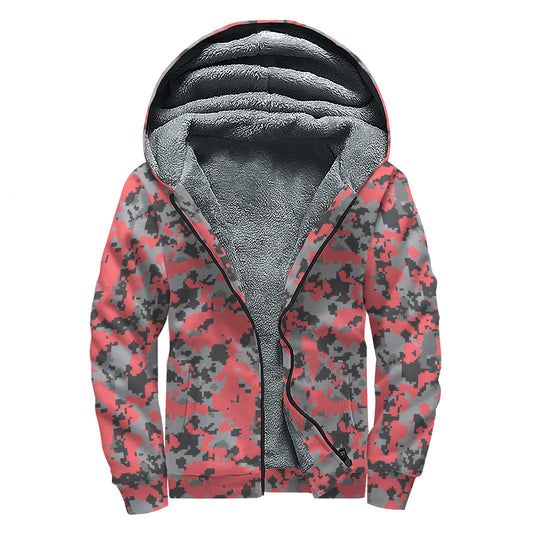 Red And Grey Digital Camo Pattern Print Sherpa Lined Zip Up Hoodie