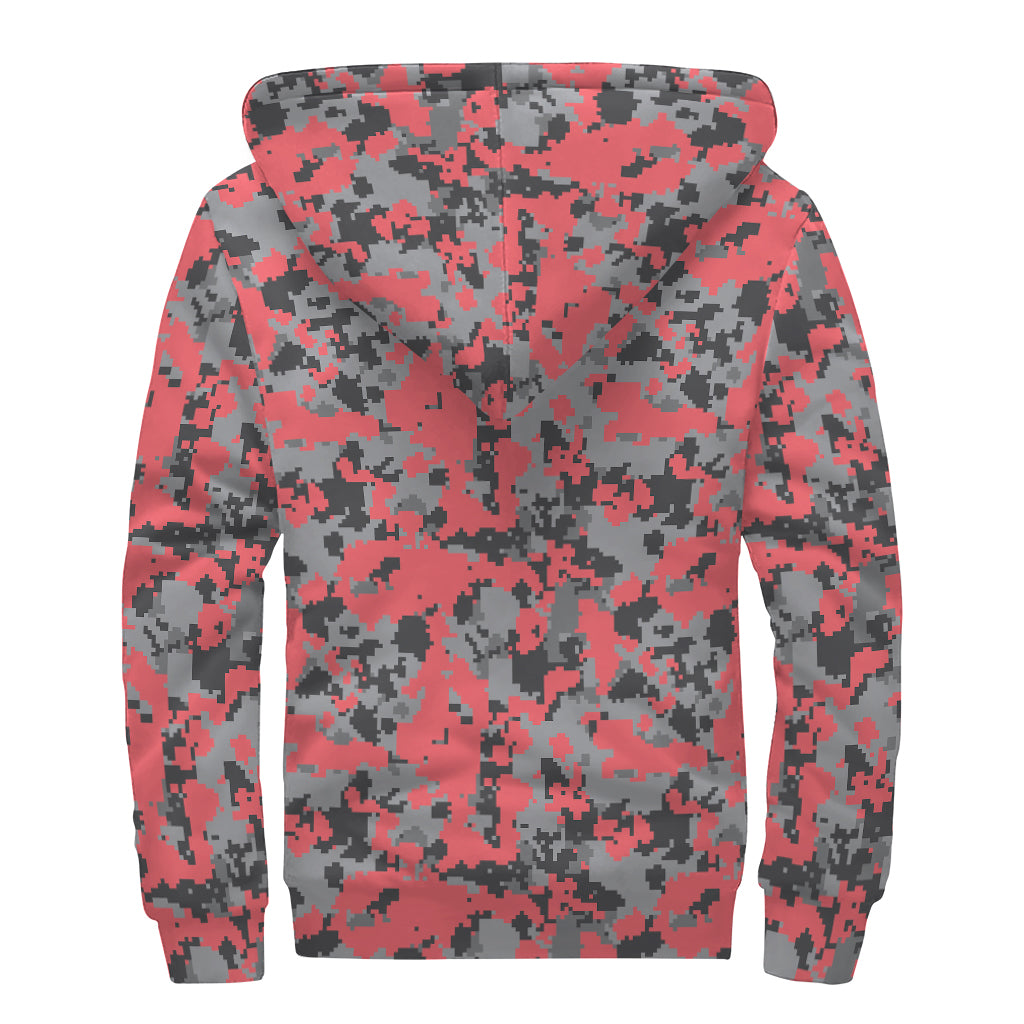 Red And Grey Digital Camo Pattern Print Sherpa Lined Zip Up Hoodie