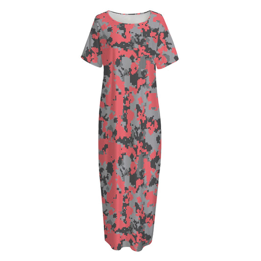 Red And Grey Digital Camo Pattern Print Short Sleeve Long Nightdress