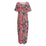 Red And Grey Digital Camo Pattern Print Short Sleeve Long Nightdress