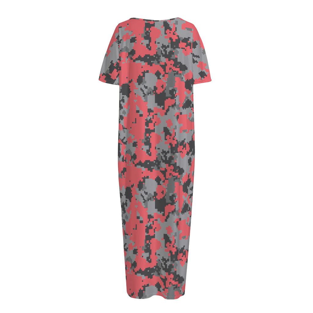 Red And Grey Digital Camo Pattern Print Short Sleeve Long Nightdress