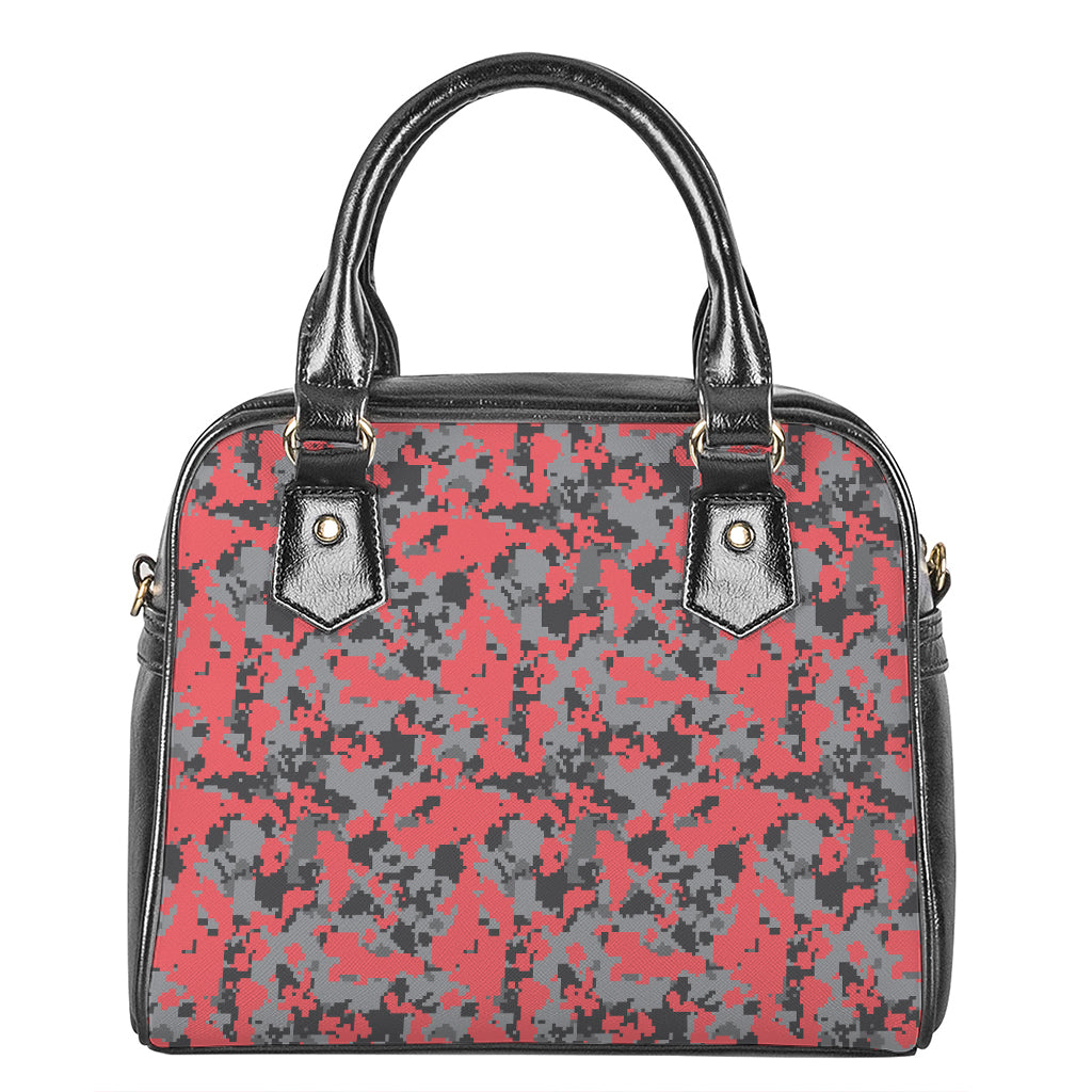 Red And Grey Digital Camo Pattern Print Shoulder Handbag