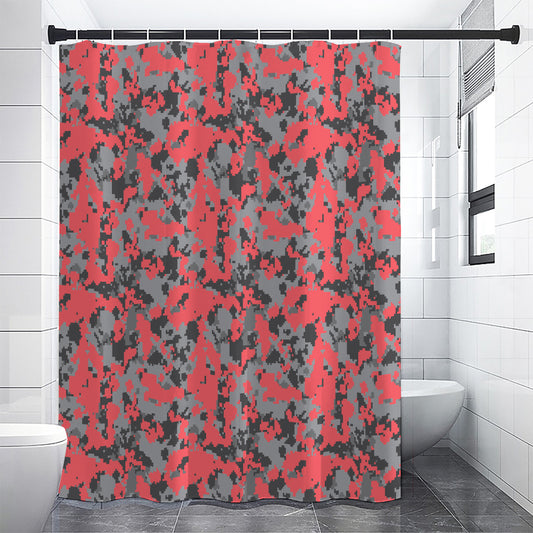 Red And Grey Digital Camo Pattern Print Shower Curtain