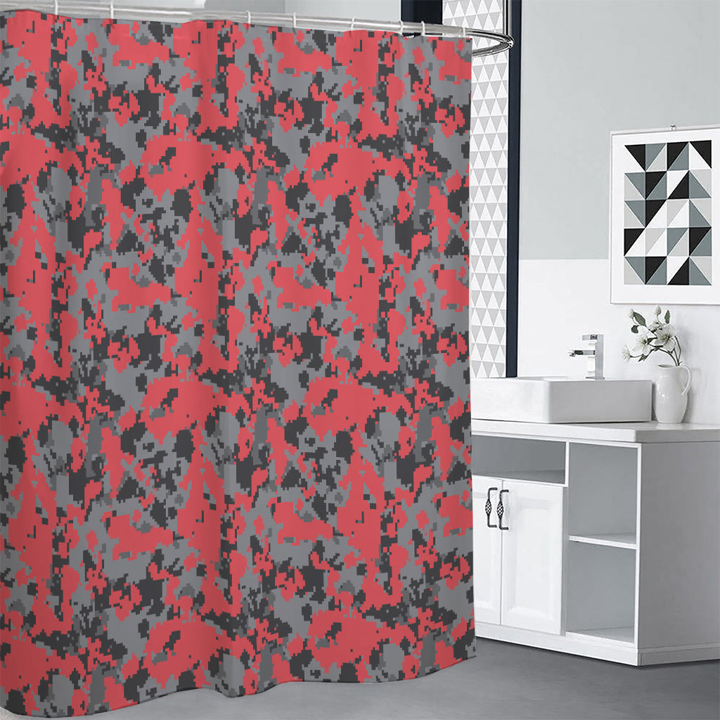 Red And Grey Digital Camo Pattern Print Shower Curtain