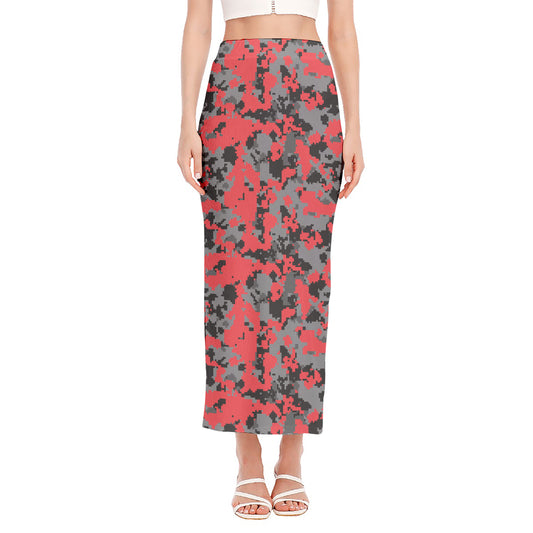 Red And Grey Digital Camo Pattern Print Side Slit Maxi Skirt