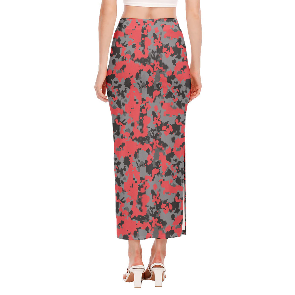 Red And Grey Digital Camo Pattern Print Side Slit Maxi Skirt