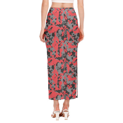 Red And Grey Digital Camo Pattern Print Side Slit Maxi Skirt