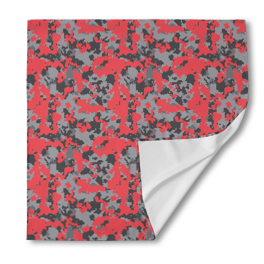 Red And Grey Digital Camo Pattern Print Silk Bandana
