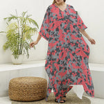 Red And Grey Digital Camo Pattern Print Silk V-Neck Kaftan Dress