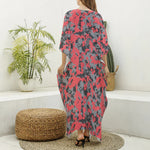 Red And Grey Digital Camo Pattern Print Silk V-Neck Kaftan Dress