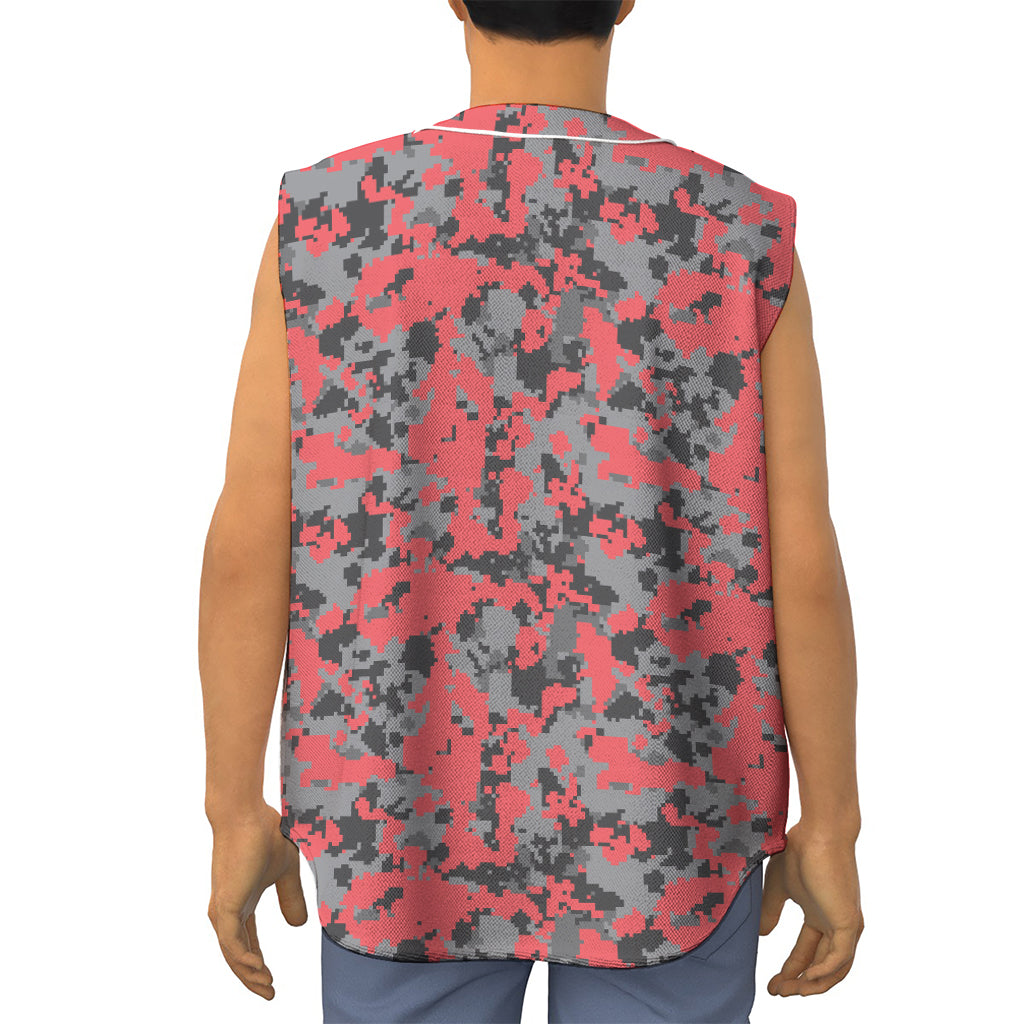 Red And Grey Digital Camo Pattern Print Sleeveless Baseball Jersey