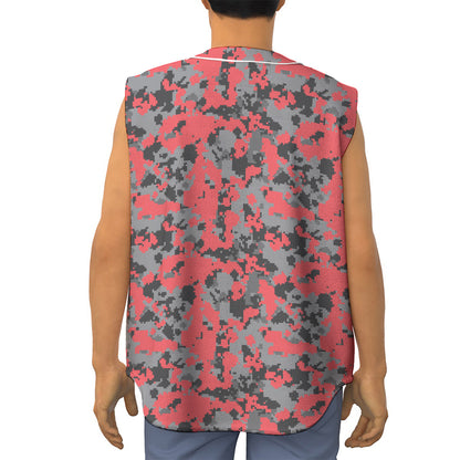 Red And Grey Digital Camo Pattern Print Sleeveless Baseball Jersey