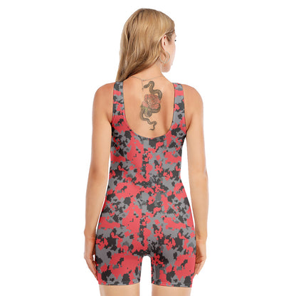 Red And Grey Digital Camo Pattern Print Sleeveless One Piece Swimsuit