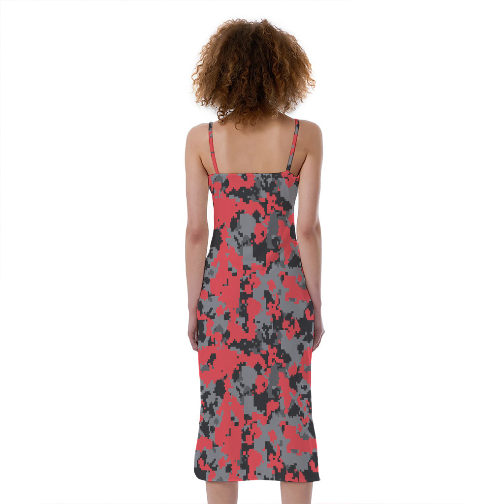 Red And Grey Digital Camo Pattern Print Slim Fit Midi Cami Dress