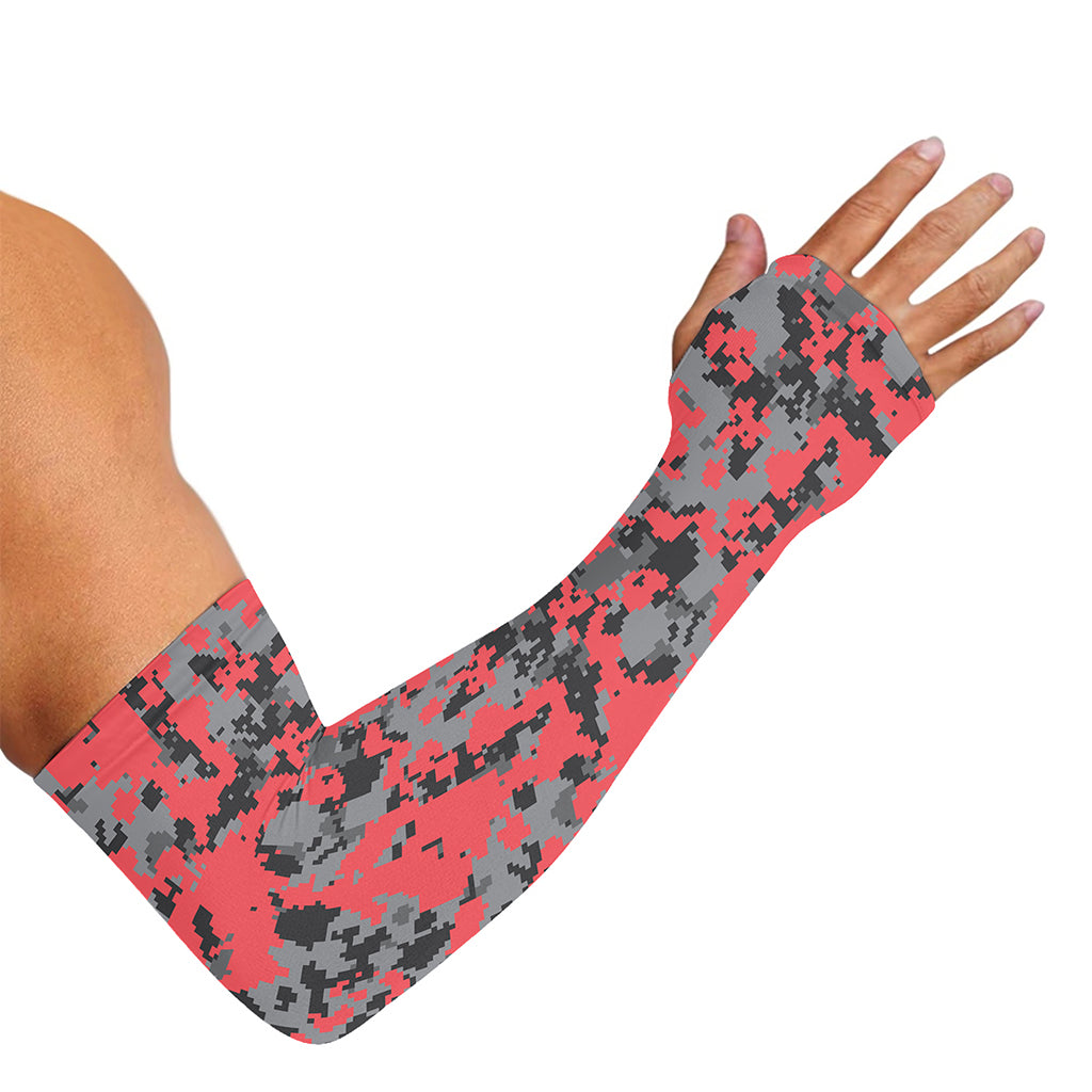 Red And Grey Digital Camo Pattern Print Sun Protection Arm Sleeves