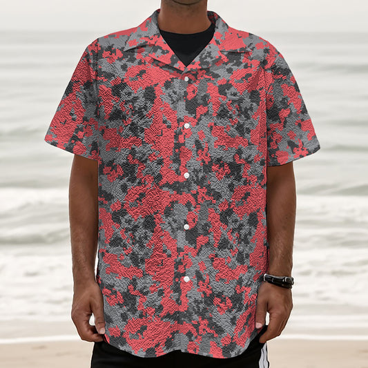 Red And Grey Digital Camo Pattern Print Textured Short Sleeve Shirt