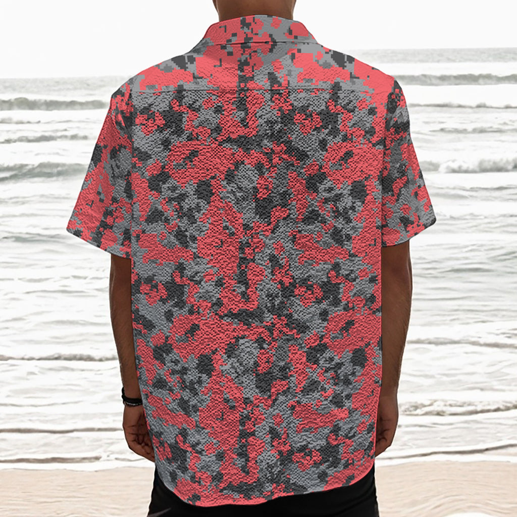 Red And Grey Digital Camo Pattern Print Textured Short Sleeve Shirt