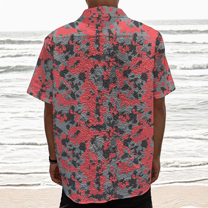 Red And Grey Digital Camo Pattern Print Textured Short Sleeve Shirt