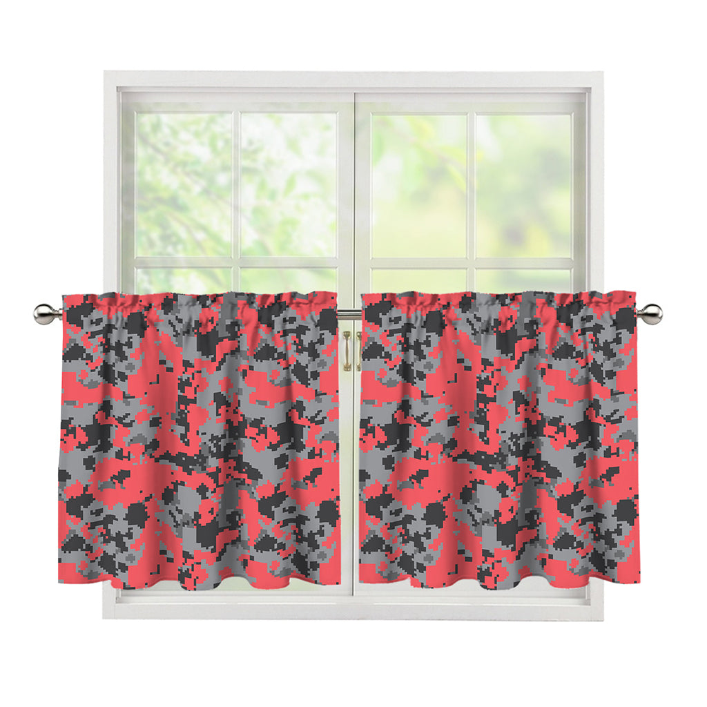 Red And Grey Digital Camo Pattern Print Tier Curtains