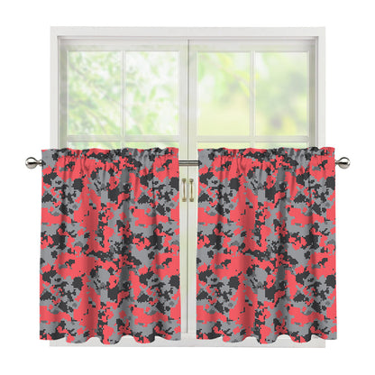 Red And Grey Digital Camo Pattern Print Tier Curtains
