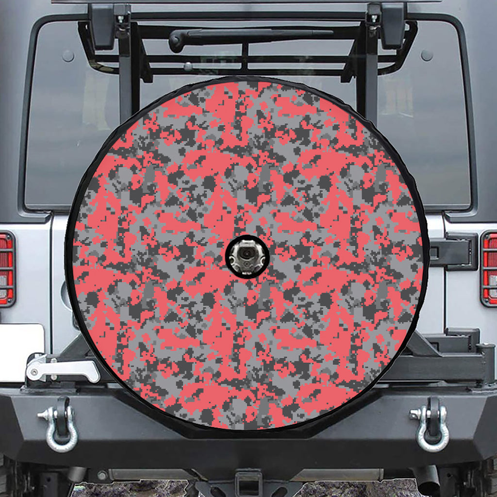 Red And Grey Digital Camo Pattern Print Tire Cover With Camera Hole