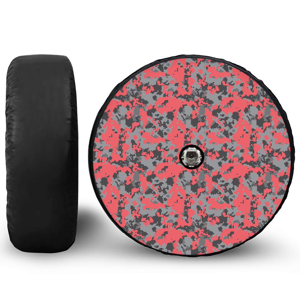 Red And Grey Digital Camo Pattern Print Tire Cover With Camera Hole