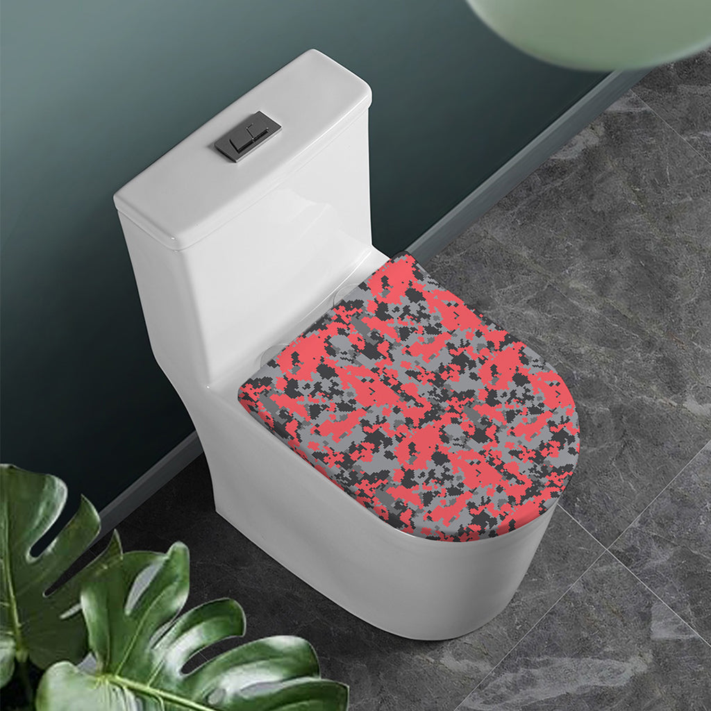 Red And Grey Digital Camo Pattern Print Toilet Lid Cover