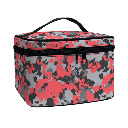 Red And Grey Digital Camo Pattern Print Travel Makeup Bag