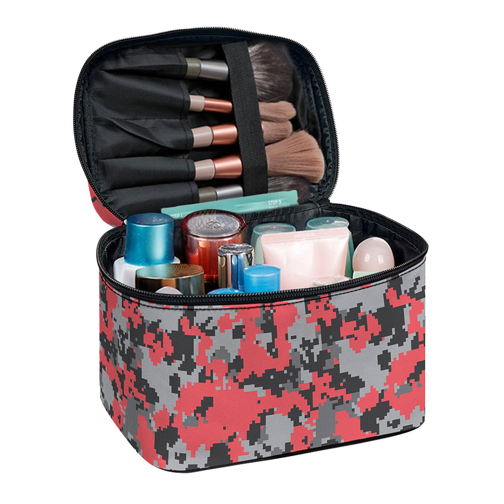 Red And Grey Digital Camo Pattern Print Travel Makeup Bag