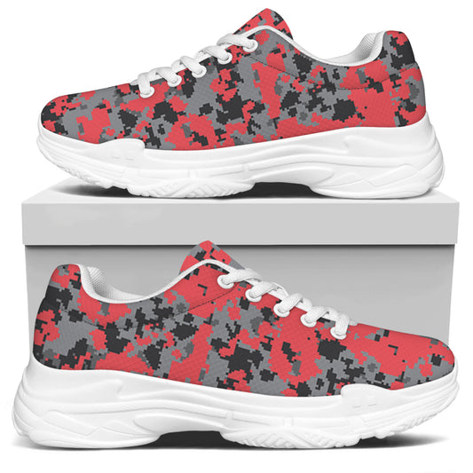 Red And Grey Digital Camo Pattern Print White Chunky Shoes