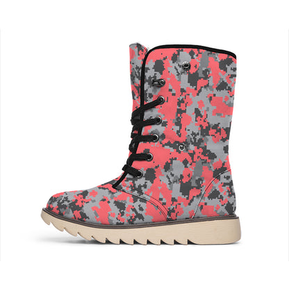 Red And Grey Digital Camo Pattern Print Winter Boots