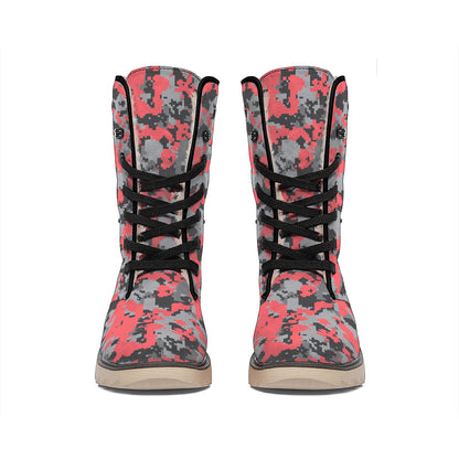 Red And Grey Digital Camo Pattern Print Winter Boots