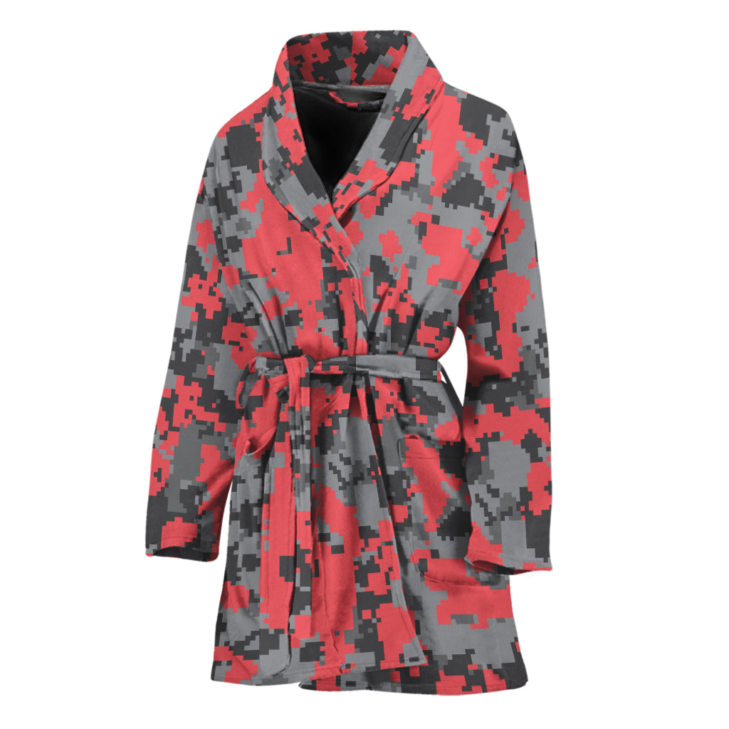 Red And Grey Digital Camo Pattern Print Women's Bathrobe