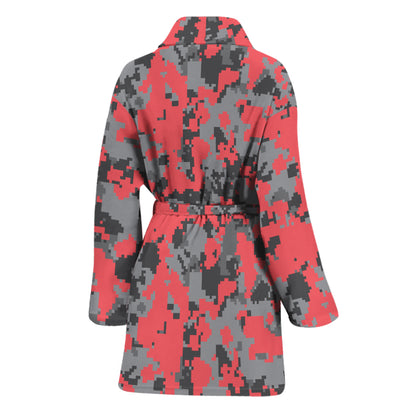 Red And Grey Digital Camo Pattern Print Women's Bathrobe