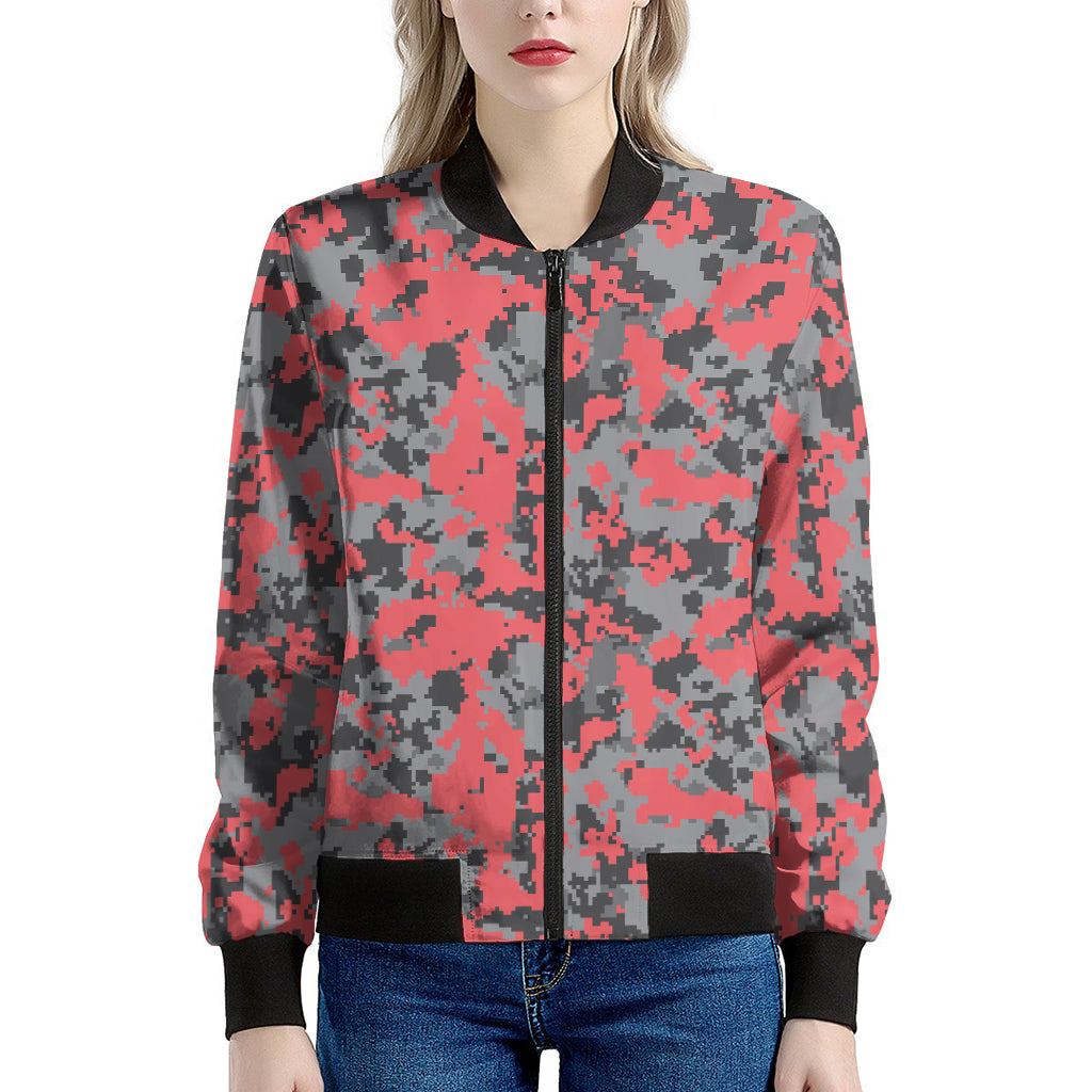 Red And Grey Digital Camo Pattern Print Women's Bomber Jacket