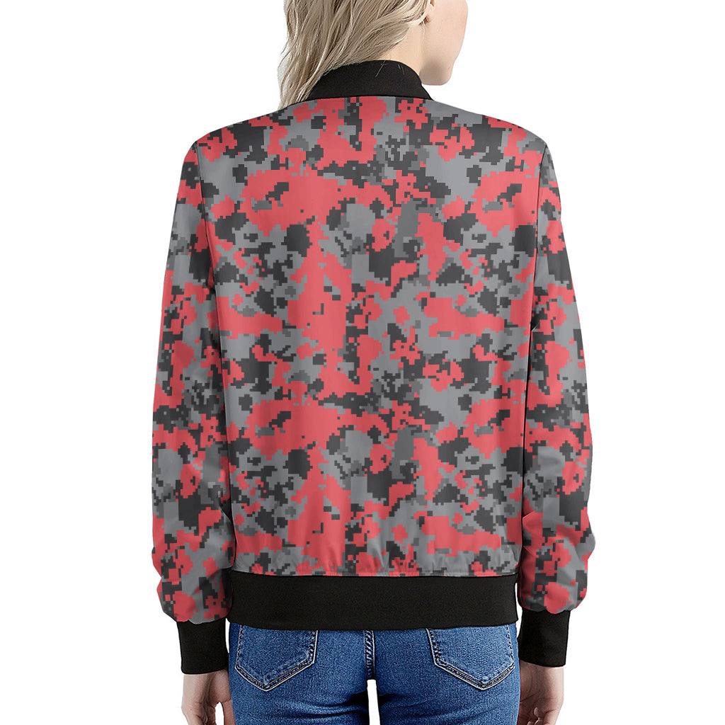 Red And Grey Digital Camo Pattern Print Women's Bomber Jacket