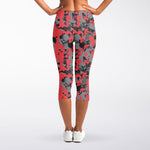 Red And Grey Digital Camo Pattern Print Women's Capri Leggings