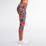 Red And Grey Digital Camo Pattern Print Women's Capri Leggings