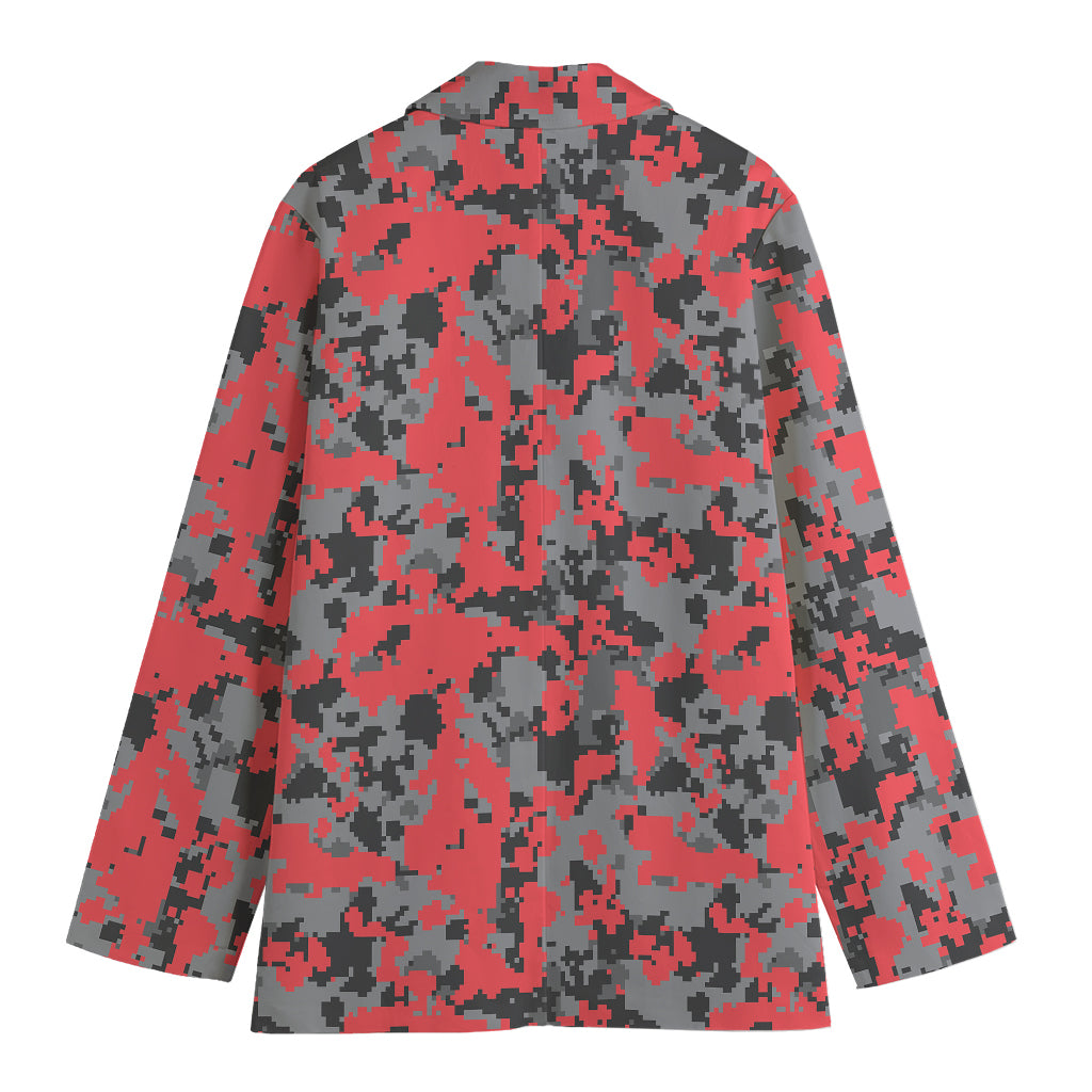 Red And Grey Digital Camo Pattern Print Women's Cotton Blazer