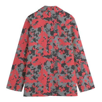 Red And Grey Digital Camo Pattern Print Women's Cotton Blazer