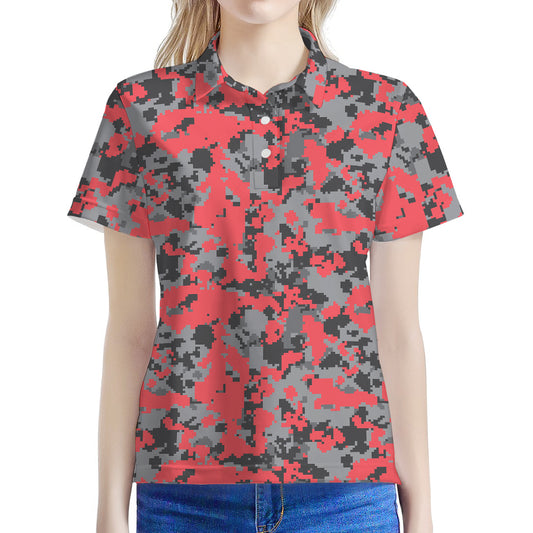 Red And Grey Digital Camo Pattern Print Women's Polo Shirt