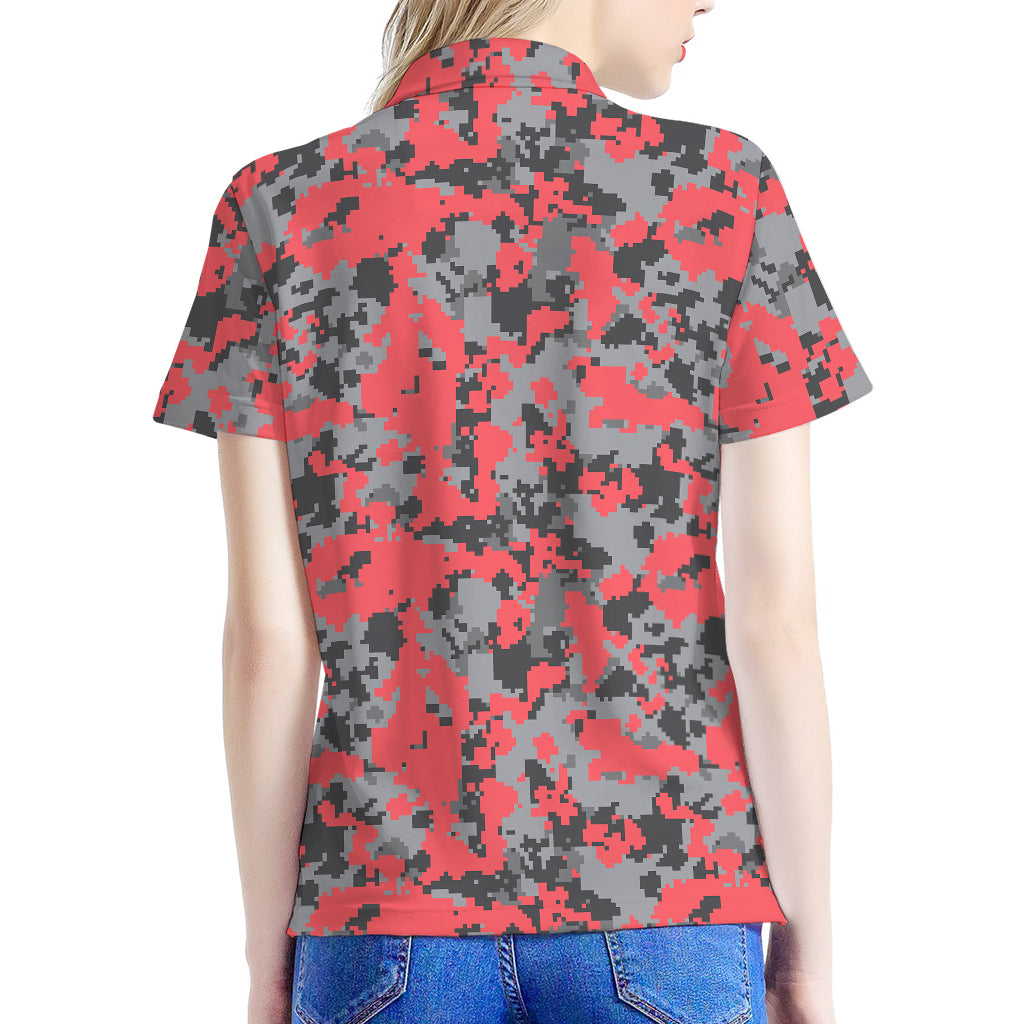 Red And Grey Digital Camo Pattern Print Women's Polo Shirt