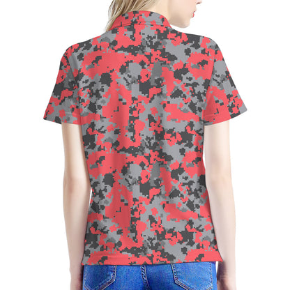 Red And Grey Digital Camo Pattern Print Women's Polo Shirt