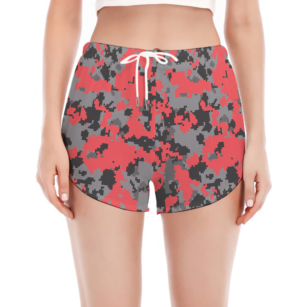 Red And Grey Digital Camo Pattern Print Women's Split Running Shorts