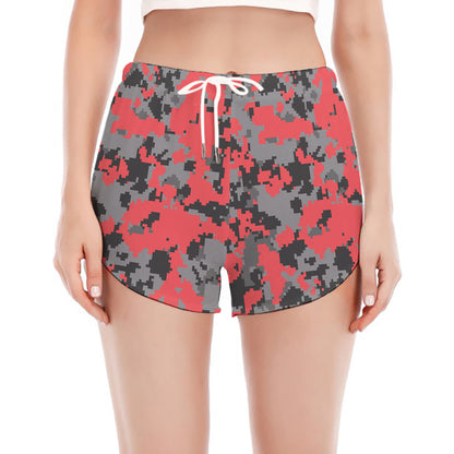Red And Grey Digital Camo Pattern Print Women's Split Running Shorts