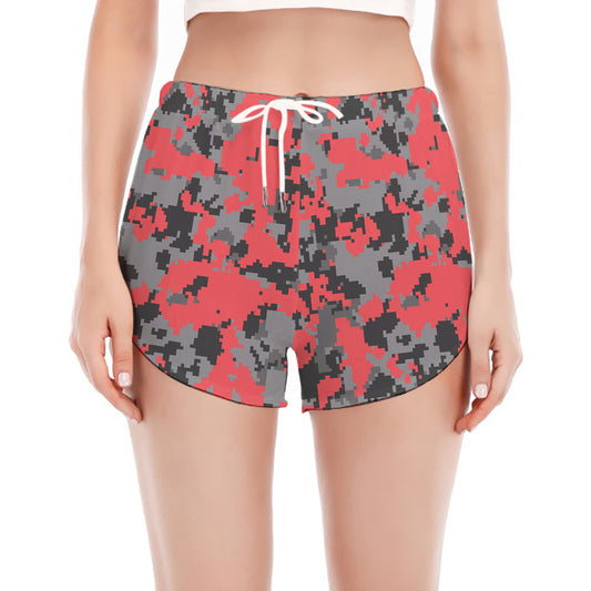 Red And Grey Digital Camo Pattern Print Women's Split Running Shorts